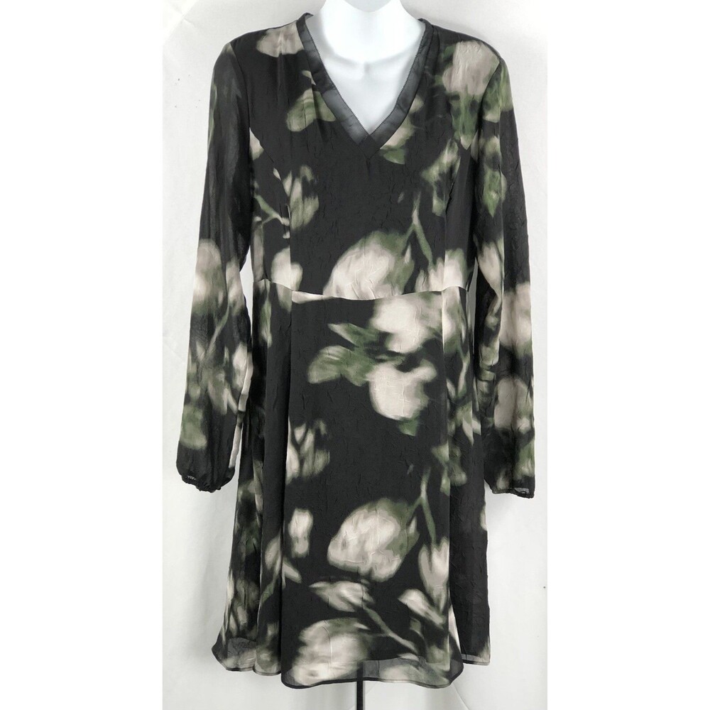 Vera Wang Chiffon Sheath Dress 8 Blk/Green Floral Balloon Sleeve Boho Flowy